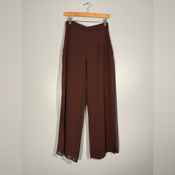 MSK Chocolate Wide-Leg Chiffon Women's Pants, Brown Panel Overlay Dress Pants M - Picture 9 of 16
